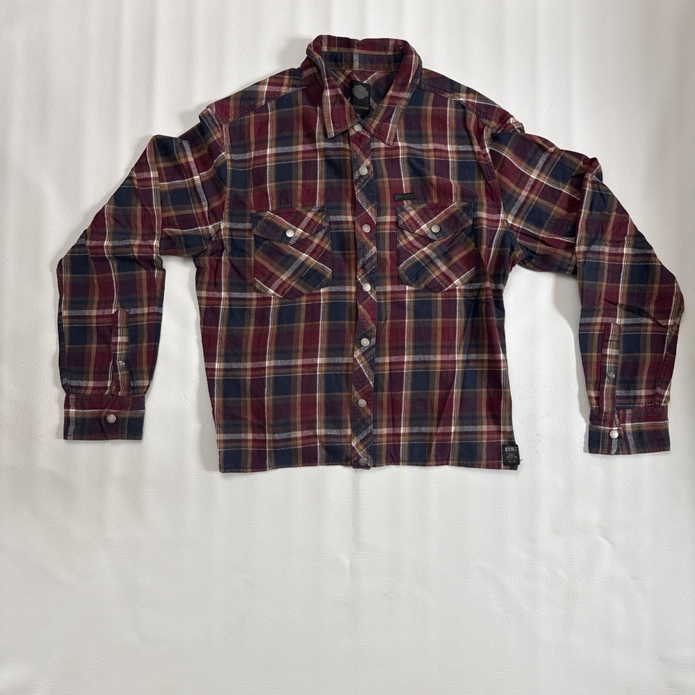 Harley-Davidson Mens Size L Red Plaid Flannel Shirt Long Sleeve Snap Collar